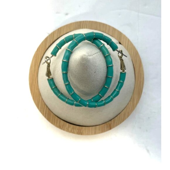 Turquoise Enamel Segmented Hoop Earrings Almost 2" diameter Pierced Omega Backs - Picture 6 of 6